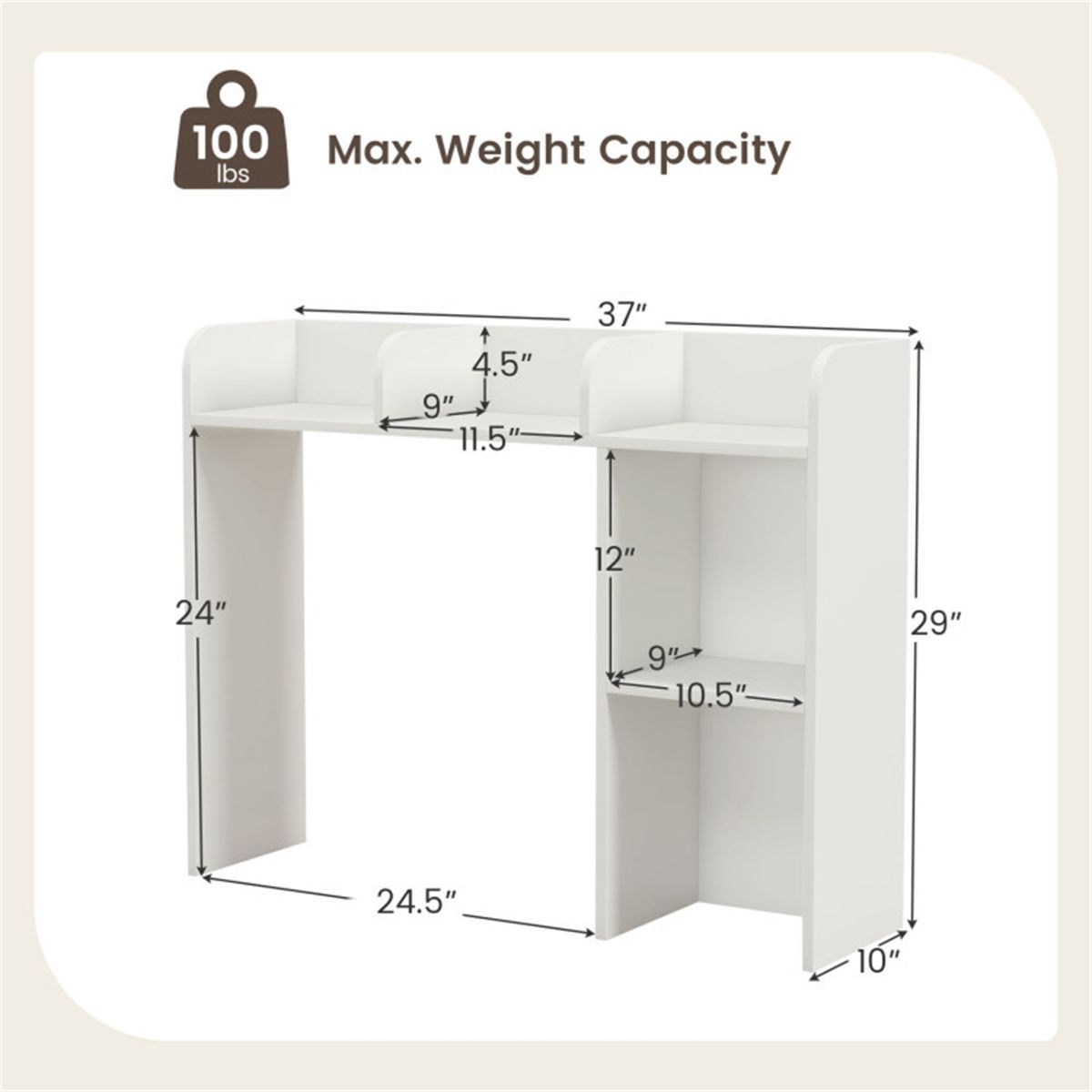 White Engineered Wood Desktop Bookshelf 27FT/68.58cm Monitor & 93.98 by 25.40 73.66cm Hutch with Anti Tip Kits detail