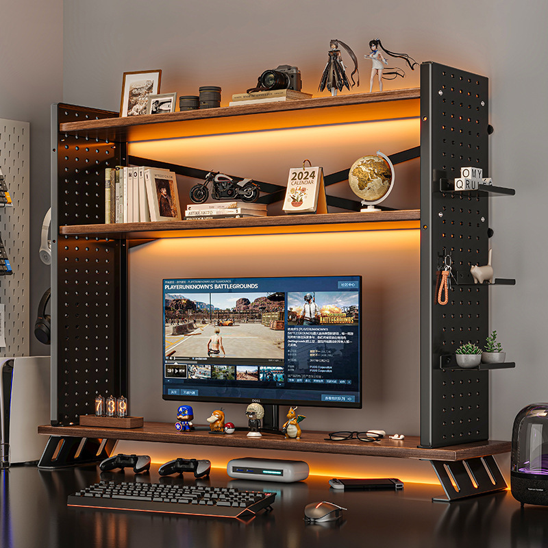 Multilayer Wood Desktop Bookshelf with Double Tiers Heightening Computer Arrogance Home Desktop Storage Shelves with Hole Board product view