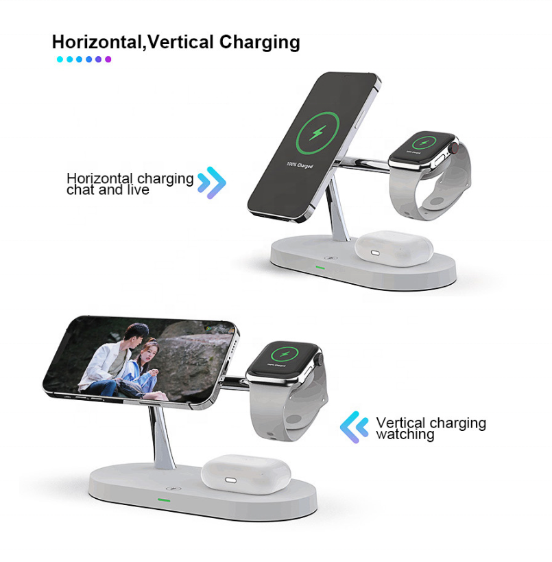 15W Quick Charging Phone Stand USB Port 5-in-1 Zinc Alloy Multi-Function Magnetic Wireless Charger Holder Mobile Phone Earphone product view