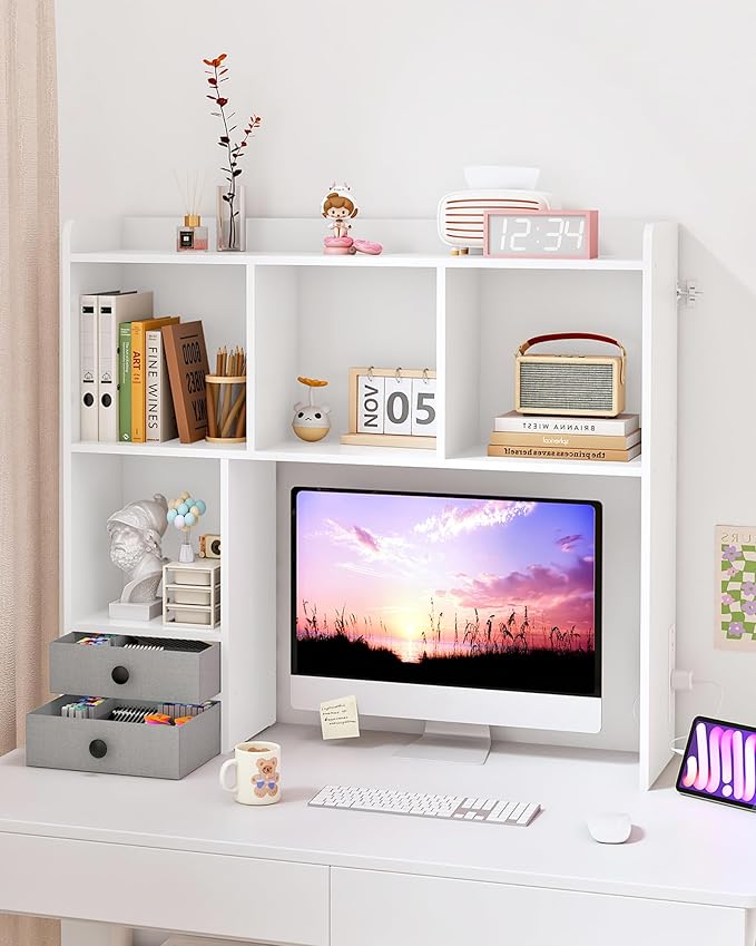 Desktop Bookshelf with Charging Station, Adjustable Desk Shelf Organizer with 7 Shelves product view