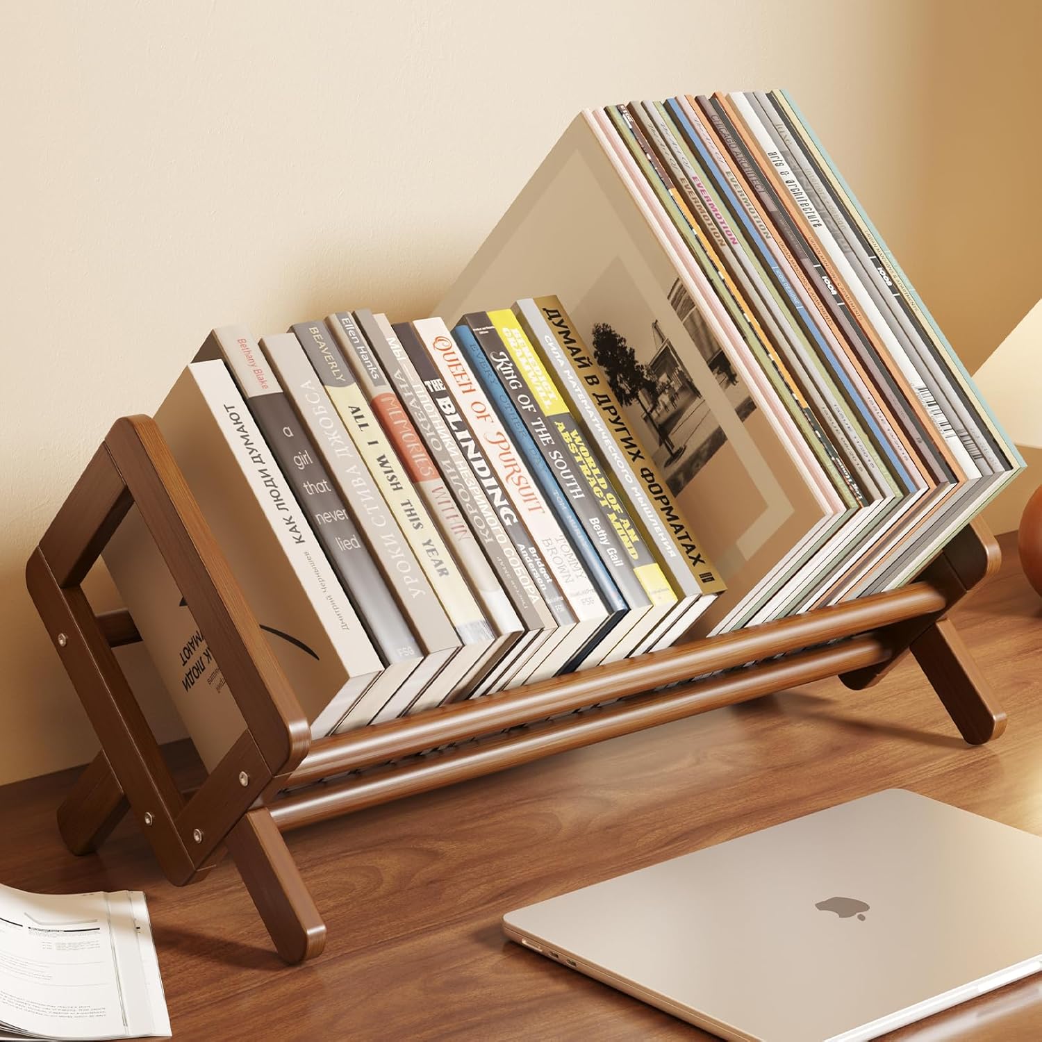 Bamboo Desktop Bookshelf Retro Brown Book Rack Shelf Organizer Stable Bookshelves Storage Tabletop Magazine Holder detail