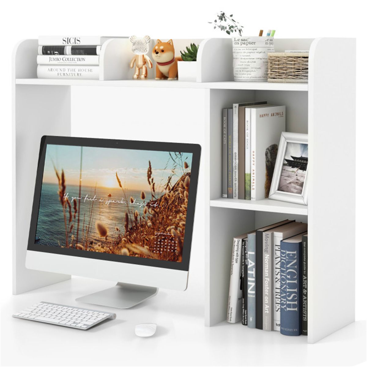 White Engineered Wood Desktop Bookshelf 27FT/68.58cm Monitor & 93.98 by 25.40 73.66cm Hutch with Anti Tip Kits product view