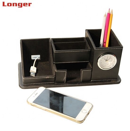 LG-B050 Custom Logo PU Leather Desk Pen Holder with Alarm Clock Personalized Office Storage Box Drawer Organizer product view