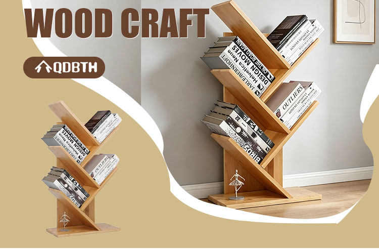 Wooden Craft DIY Wooden Tree Shape Bookshelf 5 Tier Bamboo Bookcase Home Office Desktop Standing Wooden Book Storage Rack detail