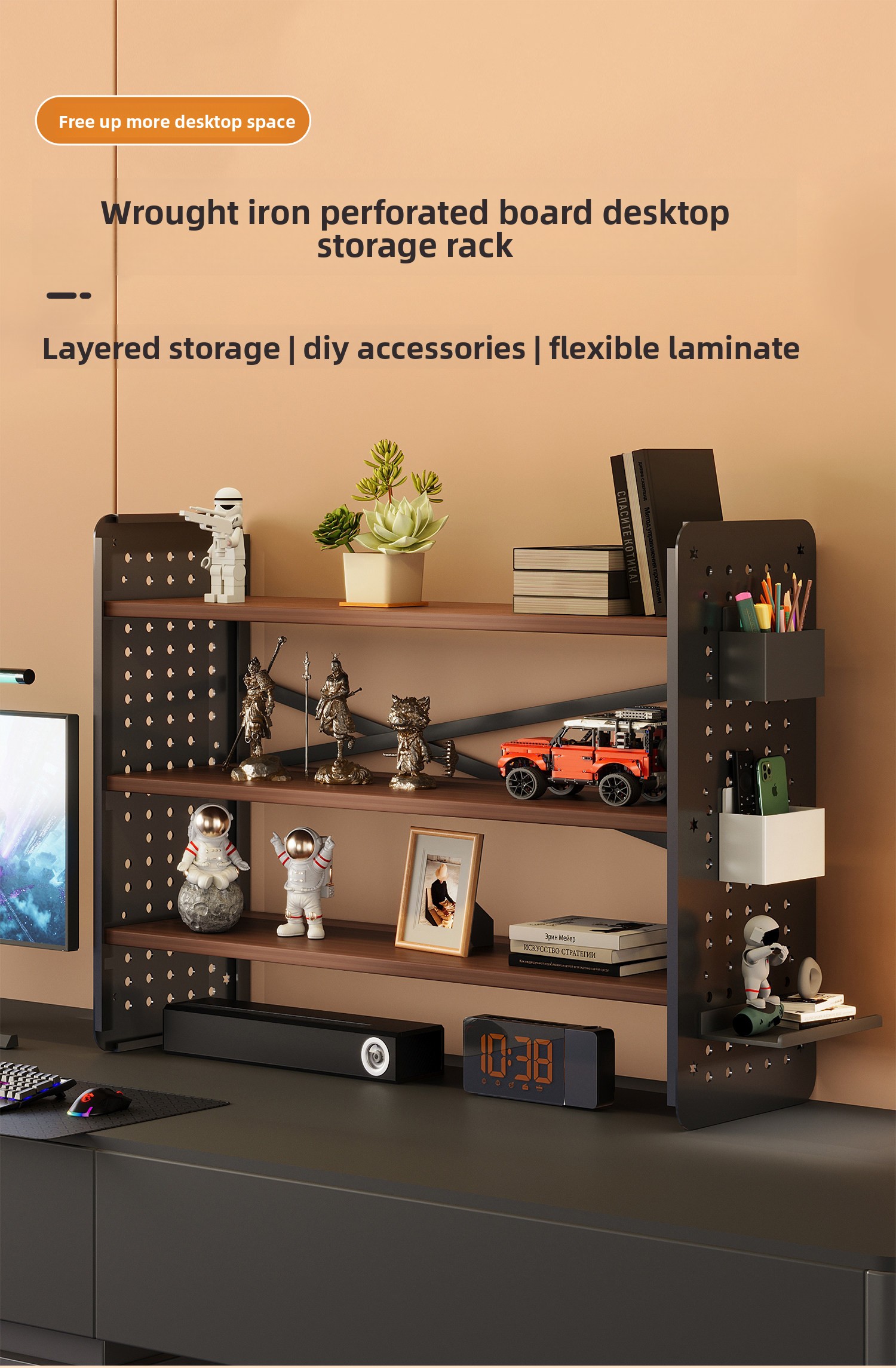 Durable Desktop Shelf Table DIY Pegboard Bookshelf Computer Desk Multi-Layer Storage Rack Office Display Rack Precious Metals detail