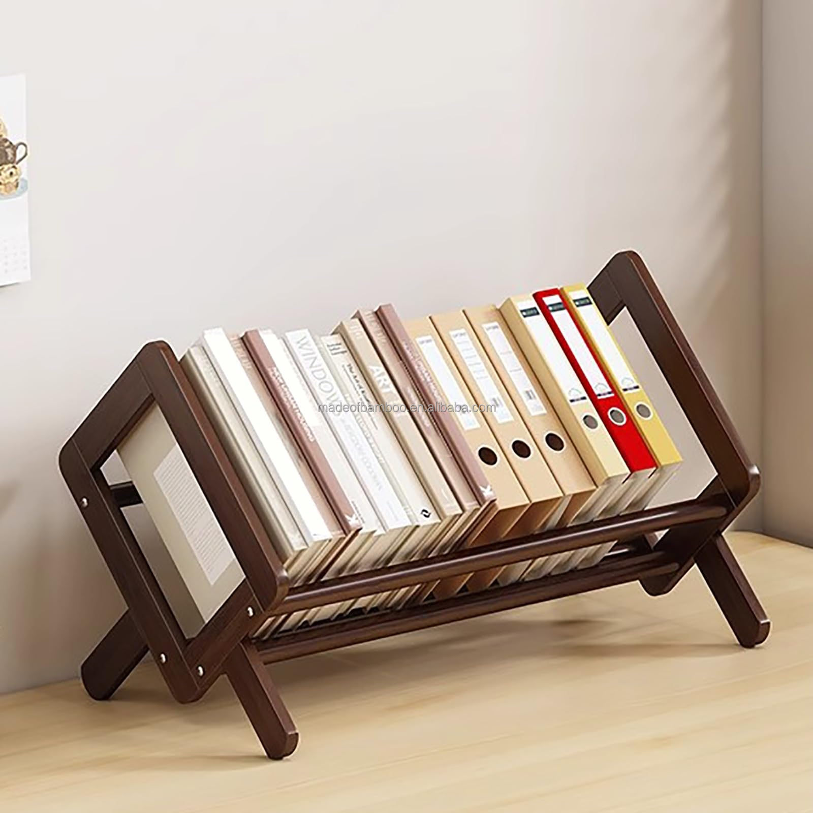 Bamboo Desktop Bookshelf Organizer Desk Wooden Tilting Bookcase Record Holder for CDs Living Room Home Office Small Book Rack detail