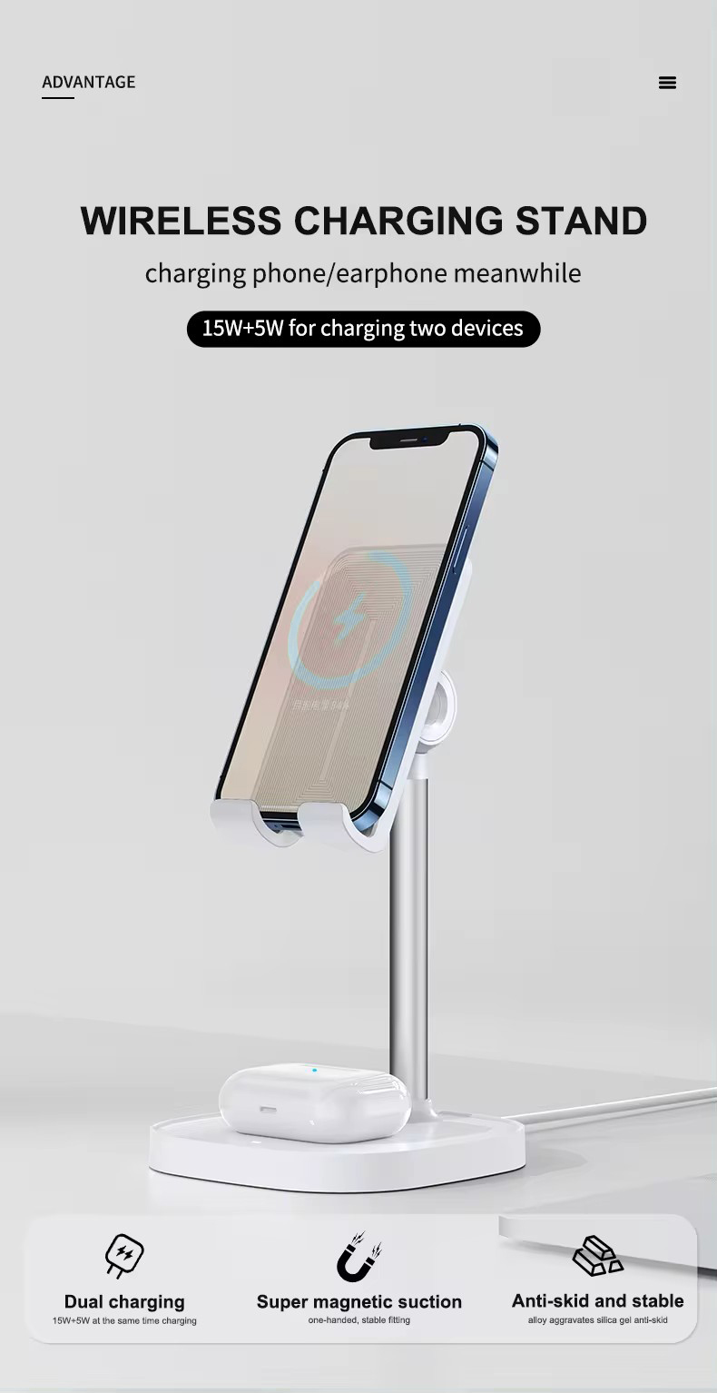 Desktop Wireless Charger Phone Stand,15W Multifunction Charger for Cell Phone Earphone Watch Wireless Charger detail