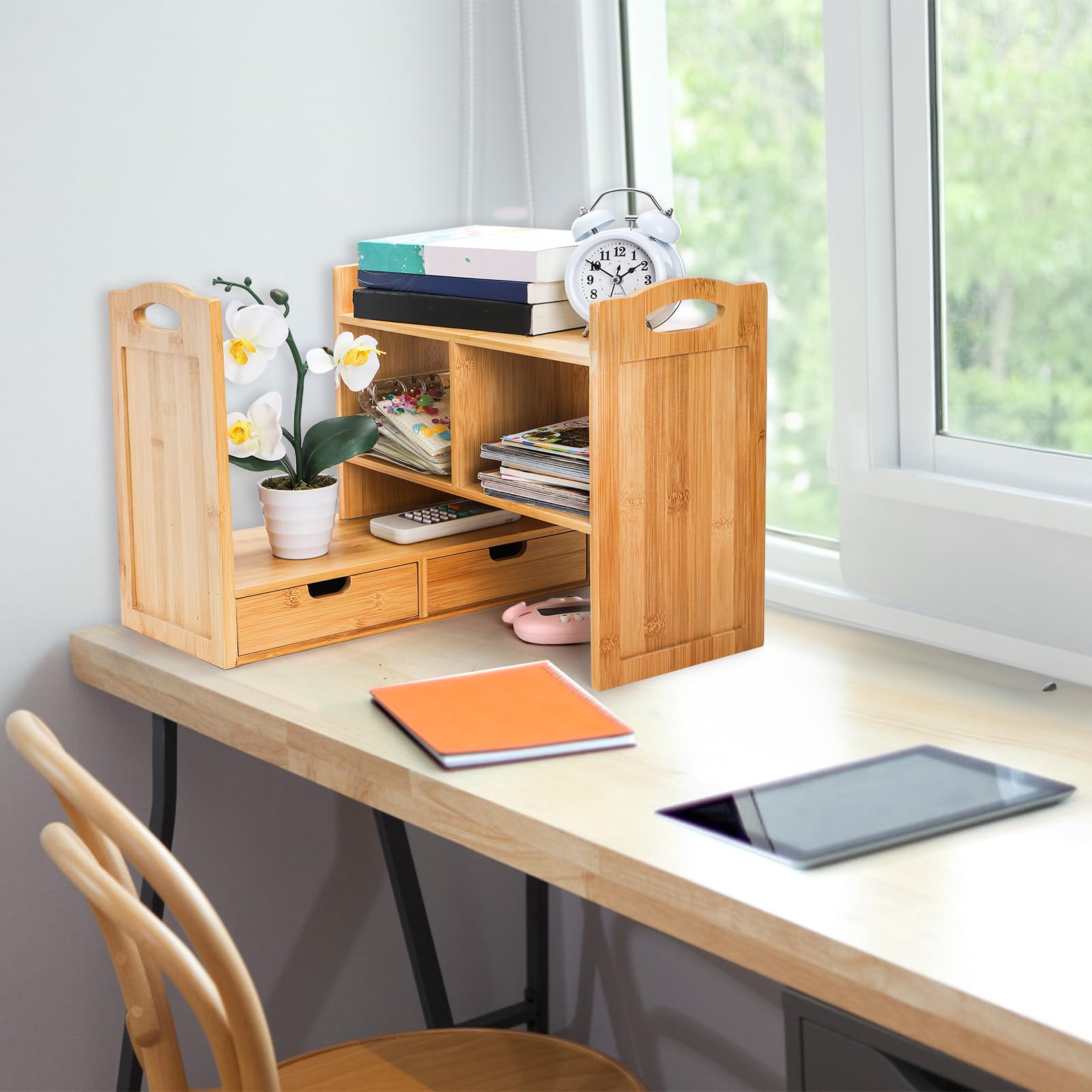 JQ Small Desk Display Cubby Top Expandable Counter Bookcase Bamboo Desktop Bookshelf with Anti-Slip Pads for Office Supplies detail