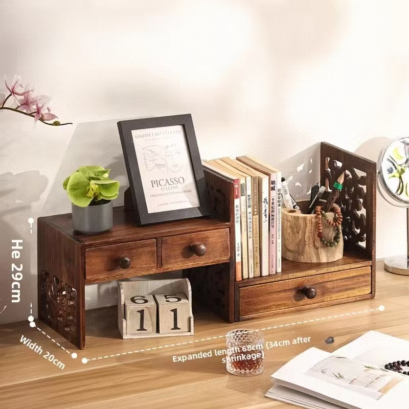Solid Wood Mini Artistic Desktop Shelf Student Desk Bookshelf Bay Window Bookcase Chinese-Style Retro Home Furniture product view