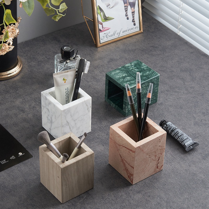 Luxury White/Black/Green Marble Pen Holder Handmade Polished Stone Desk Pen Cup for Office Decoration Gift product view