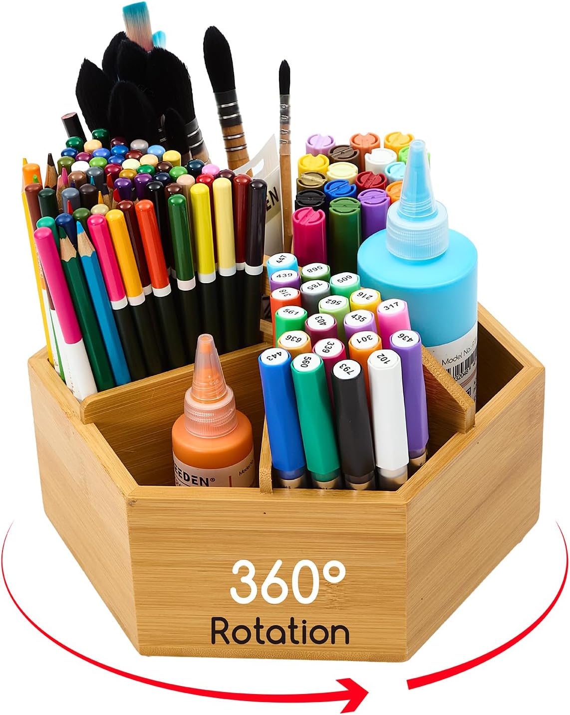 Bamboo Rotating Art Supplies Desktop Organizer: Desk Pen and Pencil Holder Colored Pencils for Offices, Schools, and Classrooms. detail