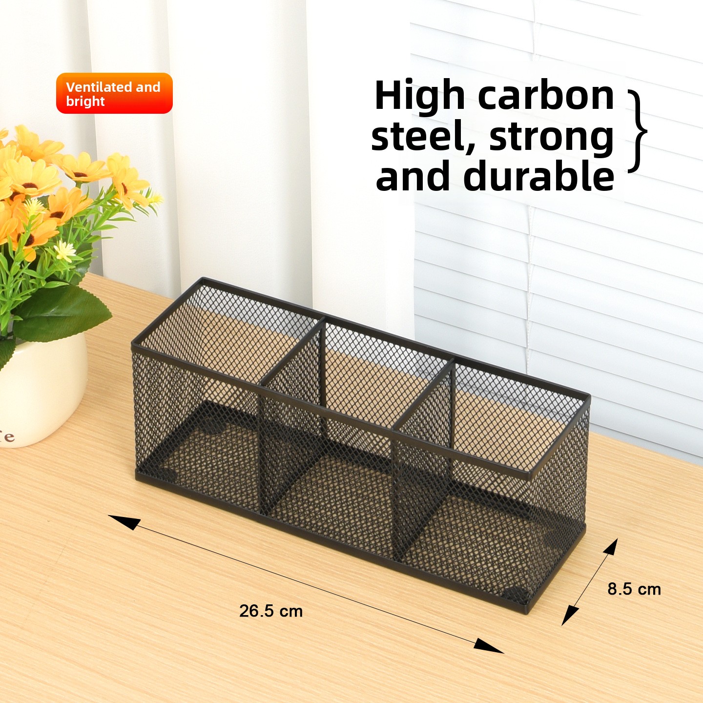Minimalist Three-Compartment Long-Shaped Metal Pen Holder with High-Temperature Baked Enamel Coating for Office Use product view