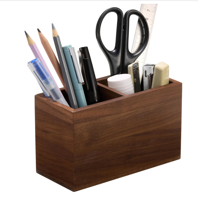 Walnut Wooden Rectangle Modern Handcrafted Pen Holder Jumbo Desk Organizer Stationery Multi-functional Storage Box