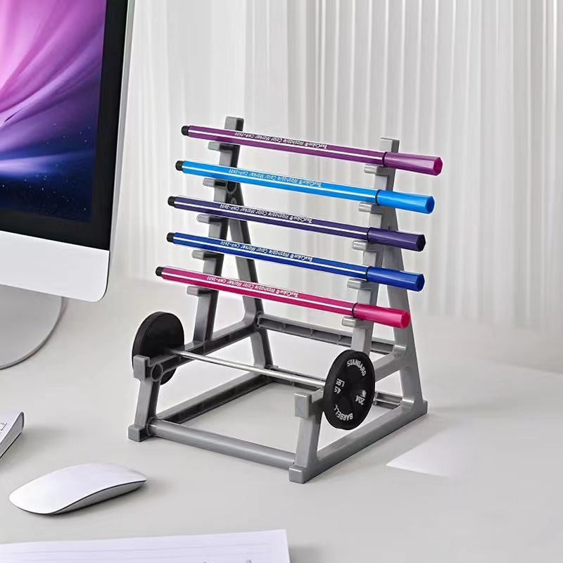 Metal Square Pen Holder with Squat Rack Mini Barbell for Creative Office Desk Stationery Storage Box 13.5x17.5x2.9 Made in China detail