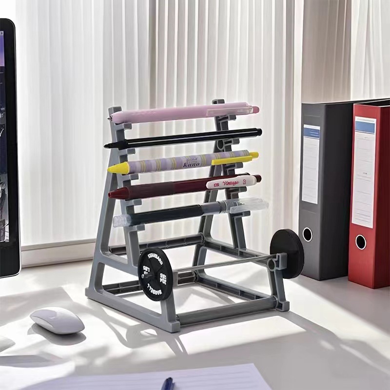 Metal Square Pen Holder with Squat Rack Mini Barbell for Creative Office Desk Stationery Storage Box 13.5x17.5x2.9 Made in China detail