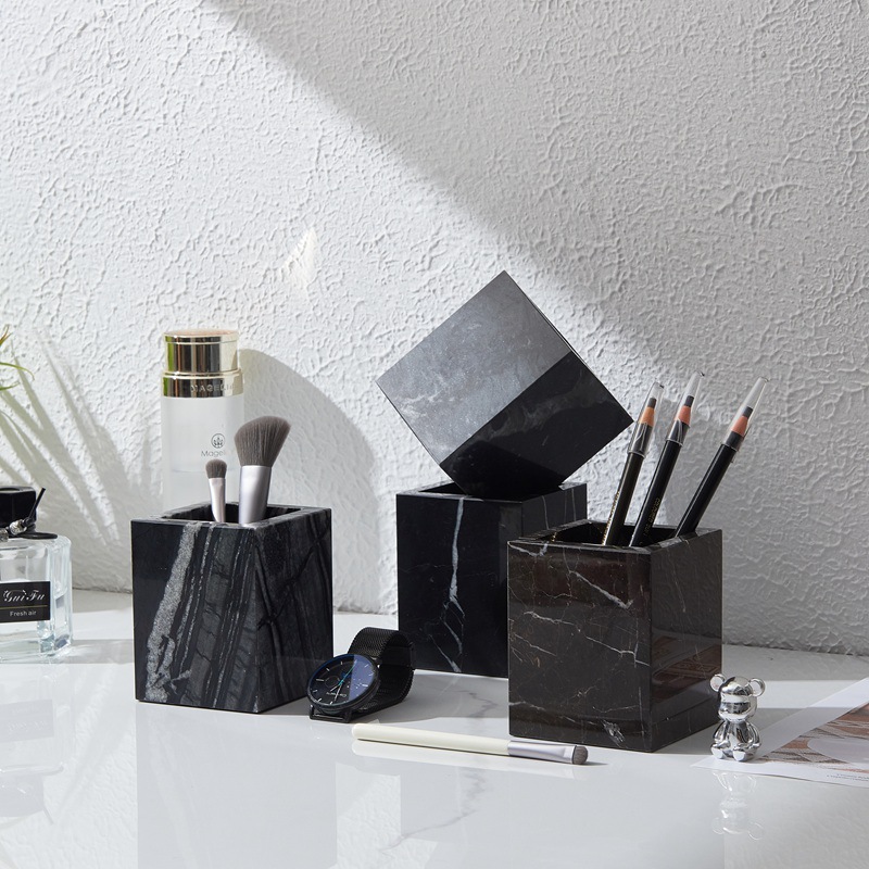 Luxury White/Black/Green Marble Pen Holder Handmade Polished Stone Desk Pen Cup for Office Decoration Gift product view