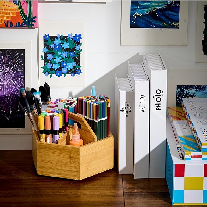 Bamboo Rotating Art Supplies Desktop Organizer: Desk Pen and Pencil Holder Colored Pencils for Offices, Schools, and Classrooms. product view
