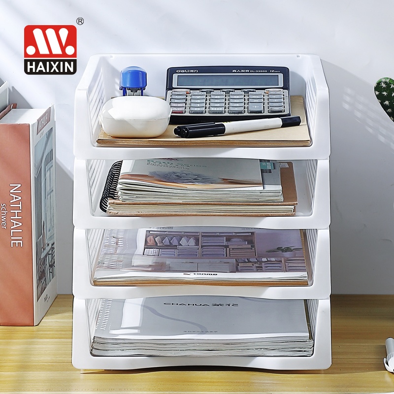 Haixin Mesh Collection Plastic Stackable Office Desk File Rack Stationery Organizer Paper Tray Holders Documents Storage Basket