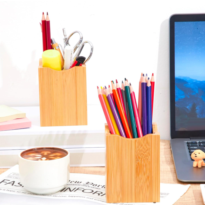 Modern Bamboo Wood Desk Pen Pencil Holder Stand Multi Purpose Use Bamboo Office Pencil Cup Pot Desk Organizer product view