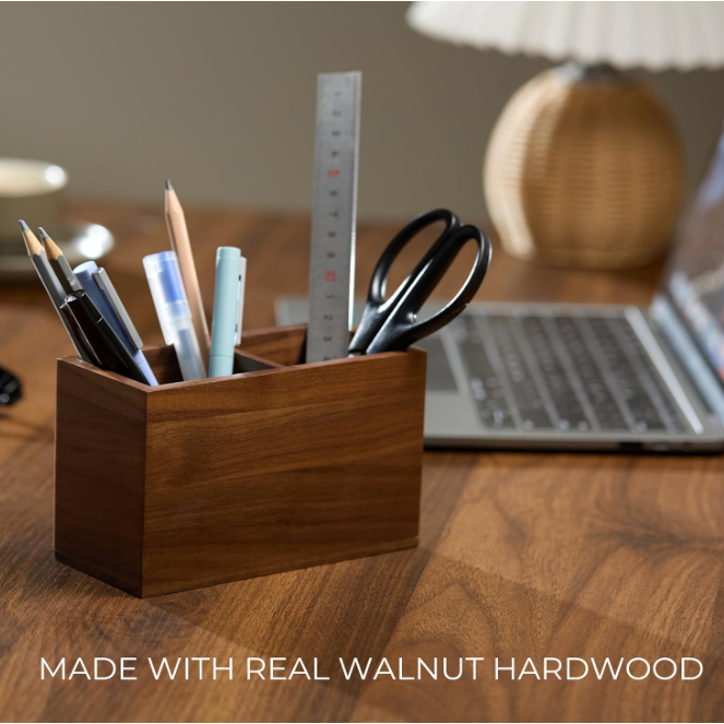 Walnut Wooden Rectangle Modern Handcrafted Pen Holder Jumbo Desk Organizer Stationery Multi-functional Storage Box product view
