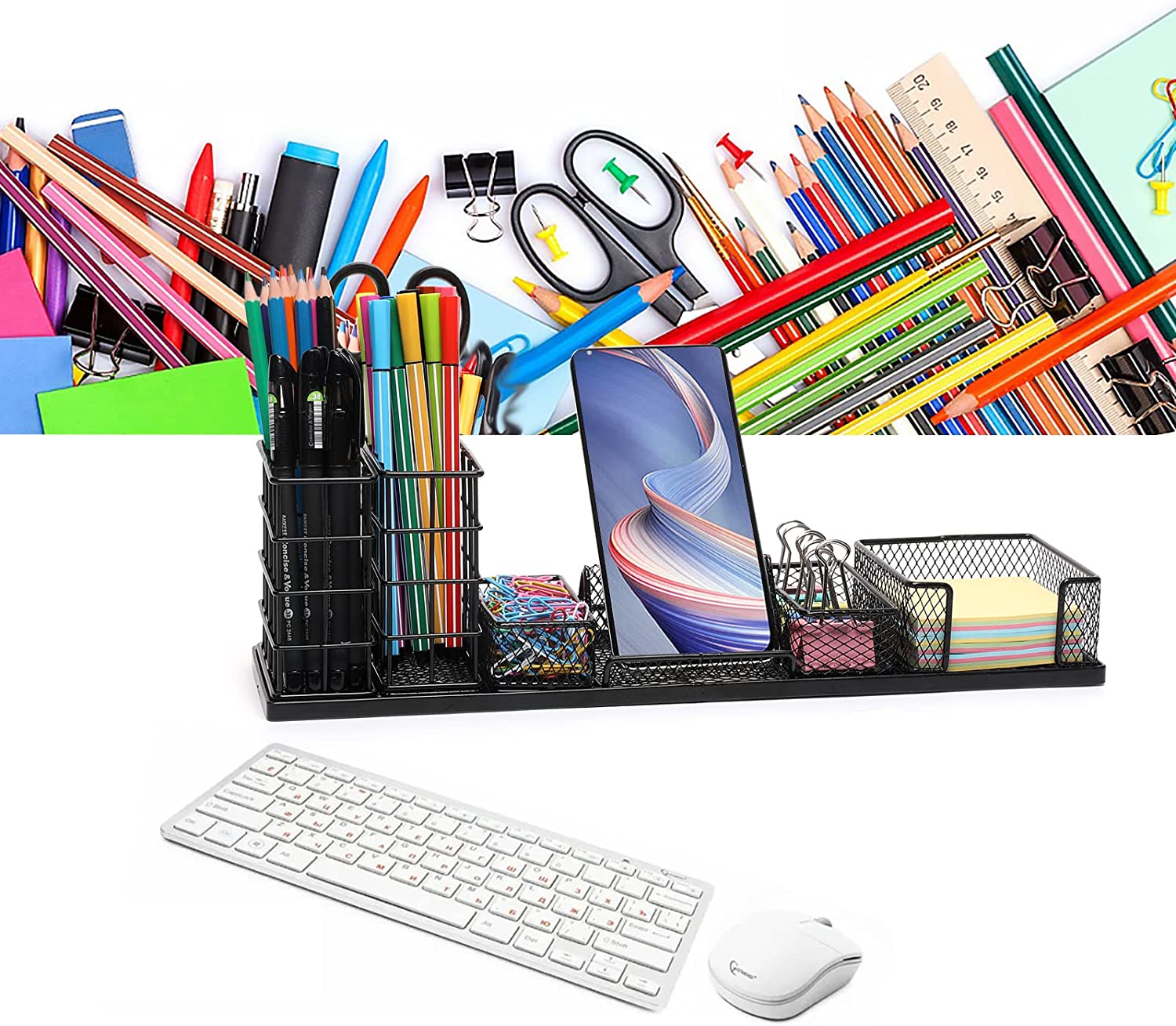 Office Desk Storage Trays Organizer Adjustable Pen/Pencil Holder Multifunction Detachable Design Metal Single Tier Black product view