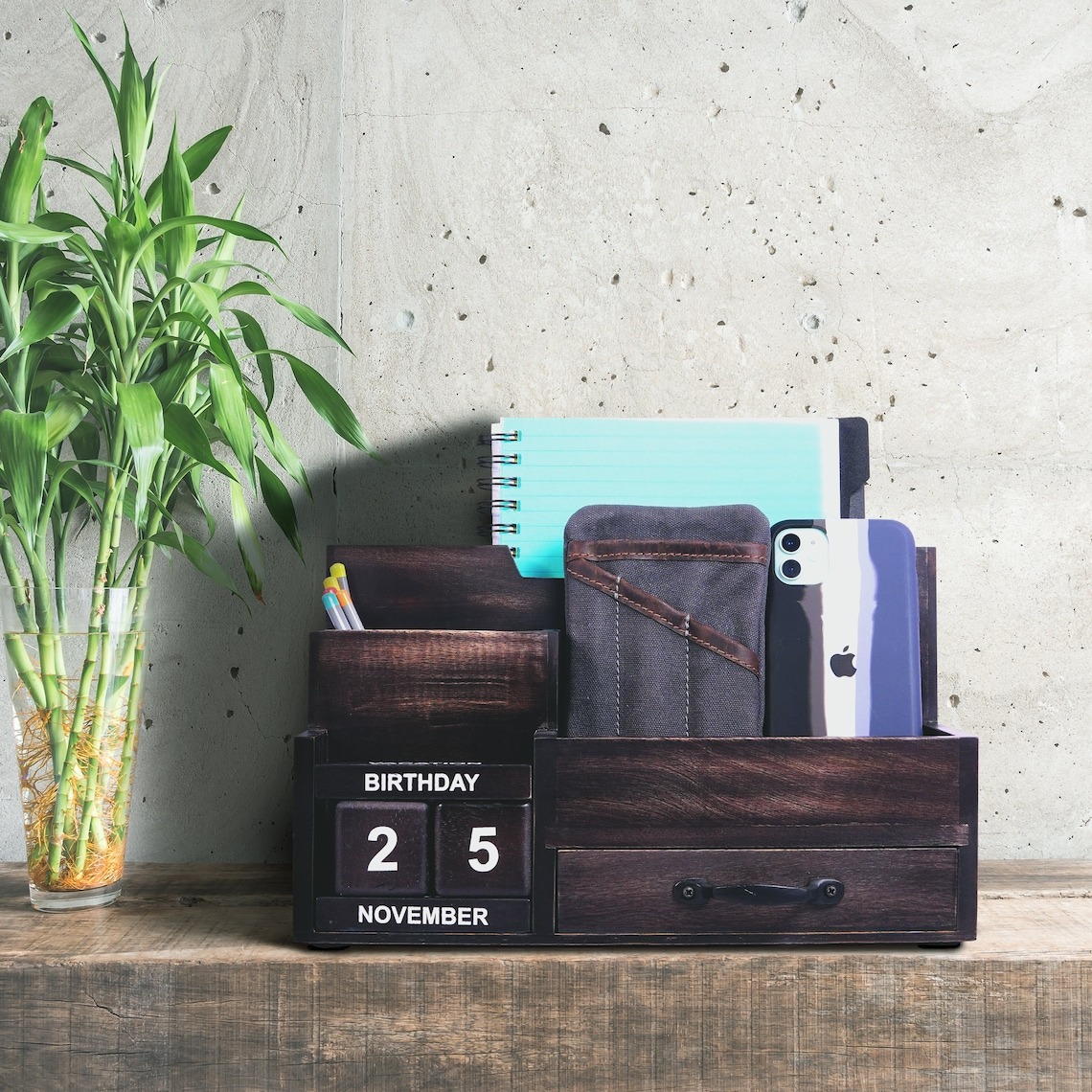 Multi-Functional Rectangle Wooden Office Desk Pen Holder Storage Box Desktop Organizer Drawer Accessories 40x21x25cm product view