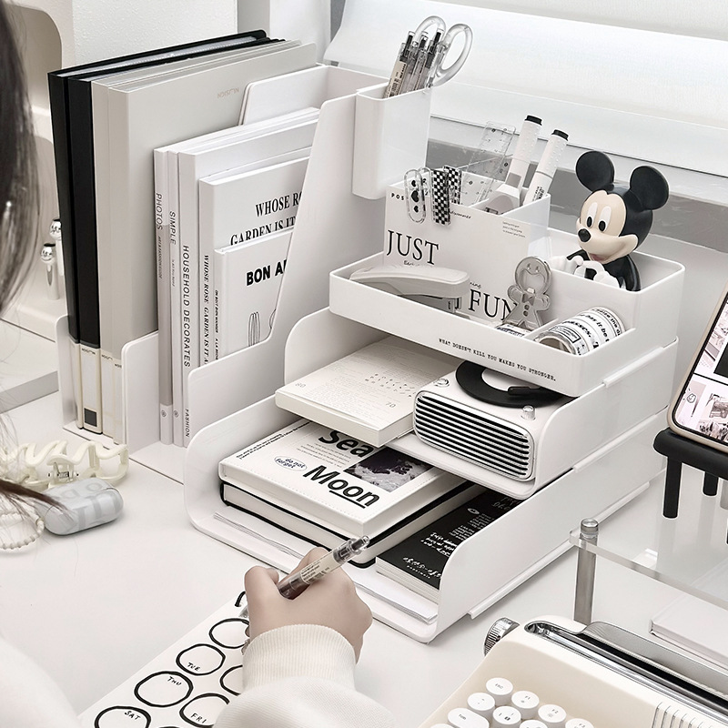 Multifunctional Plastic Desktop Organizer Space-Saving Storage Bookshelf and File Box for Home or Office product view