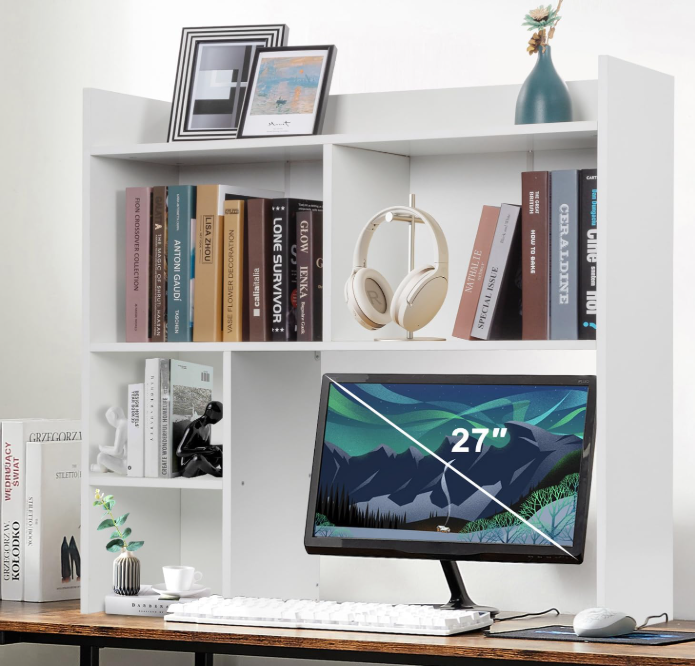 Desktop Bookshelf 36" Tall, White Desk Hutch for Computer Desk, 4-floors Wood Desk Shelf Storage Organizer for Office Home