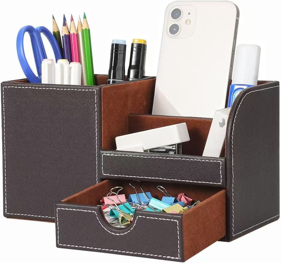 Square Shape Multi-functional Pen Pencil Holder Pu Leather Desk Storage Box with a Small Drawer detail