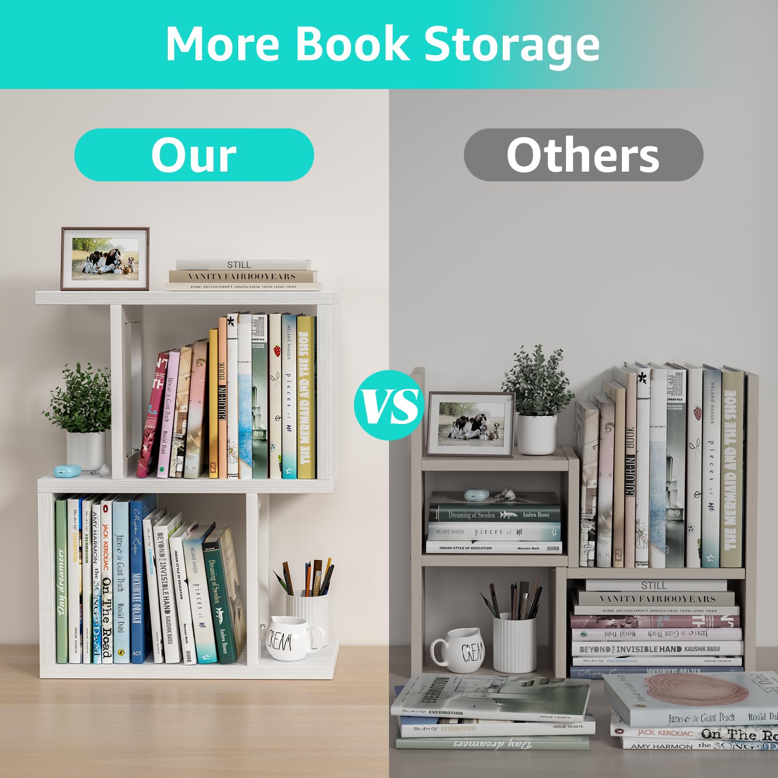Wood 3 Tier Desk Shelf Bookcase with Storage Drawers Minimalist Tabletop Organizer for Home Office product view