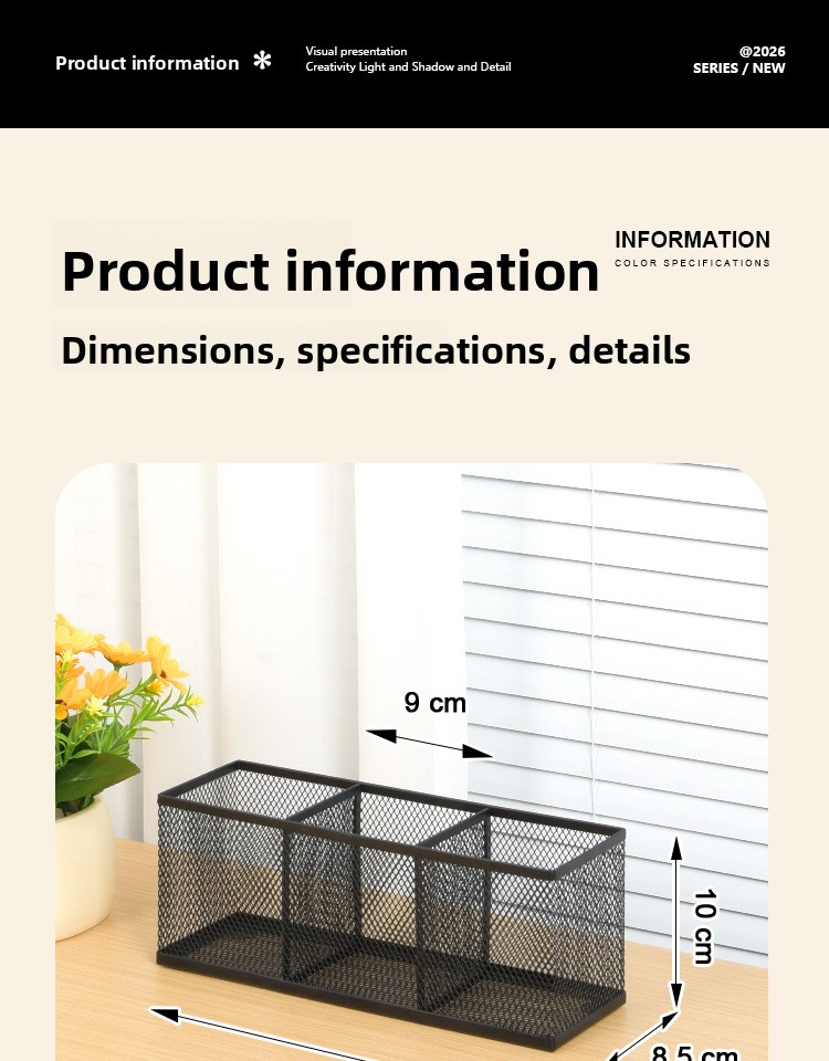 Minimalist Three-Compartment Long-Shaped Metal Pen Holder with High-Temperature Baked Enamel Coating for Office Use detail