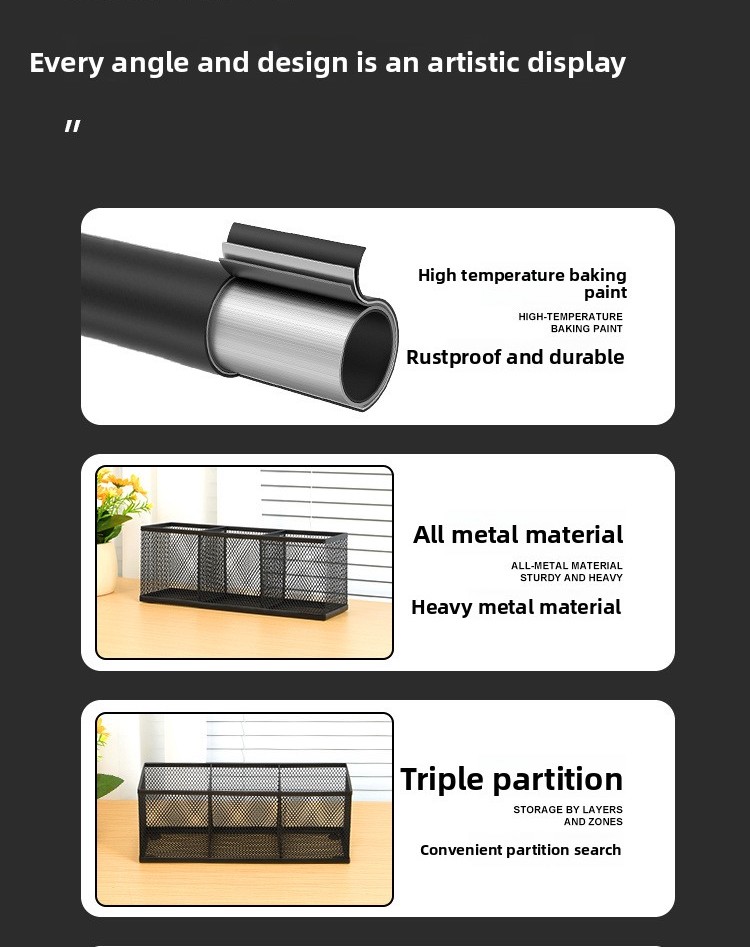 Minimalist Three-Compartment Long-Shaped Metal Pen Holder with High-Temperature Baked Enamel Coating for Office Use detail