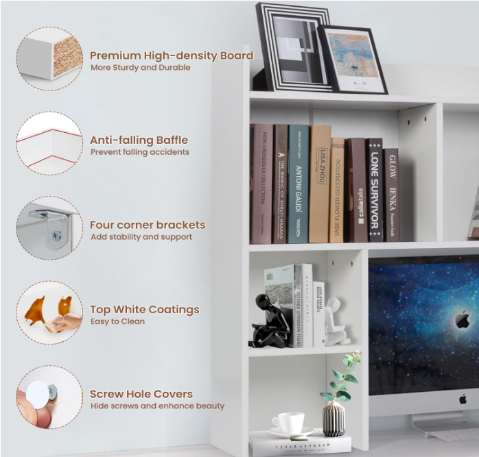 Desktop Bookshelf 36" Tall, White Desk Hutch for Computer Desk, 4-floors Wood Desk Shelf Storage Organizer for Office Home detail