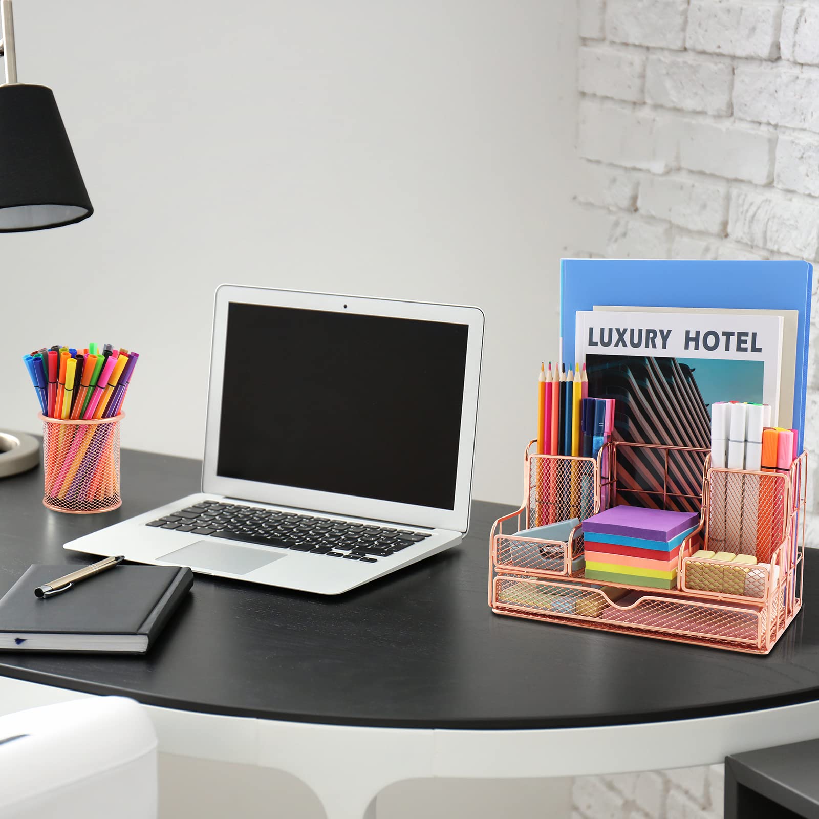 Rose Gold Metal Modern Desk Organizer Office Supplies Accessories with 7 Compartments Pen Holder Clips Set Customized Packaging product view