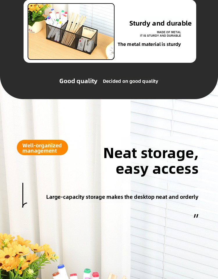 Minimalist Three-Compartment Long-Shaped Metal Pen Holder with High-Temperature Baked Enamel Coating for Office Use detail