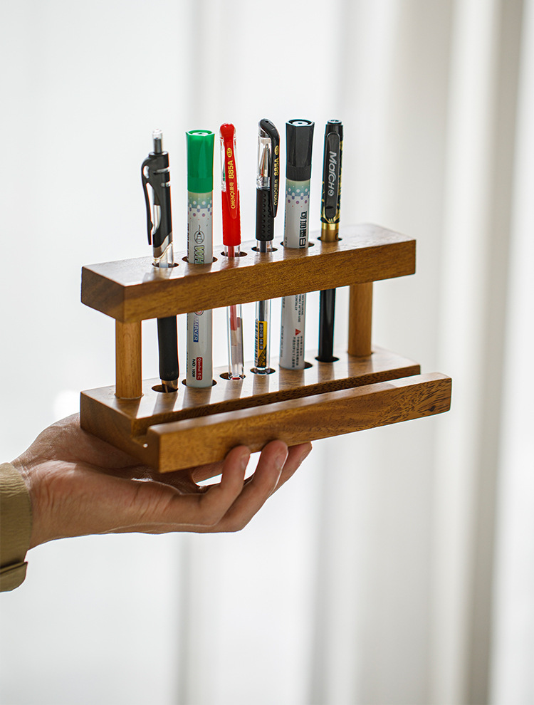 Custom Wood 2-tier Standing Pen Holder Desktop Tubular Penrack Multi-hole Phone and Pen Stationery Storage Rack for Office detail