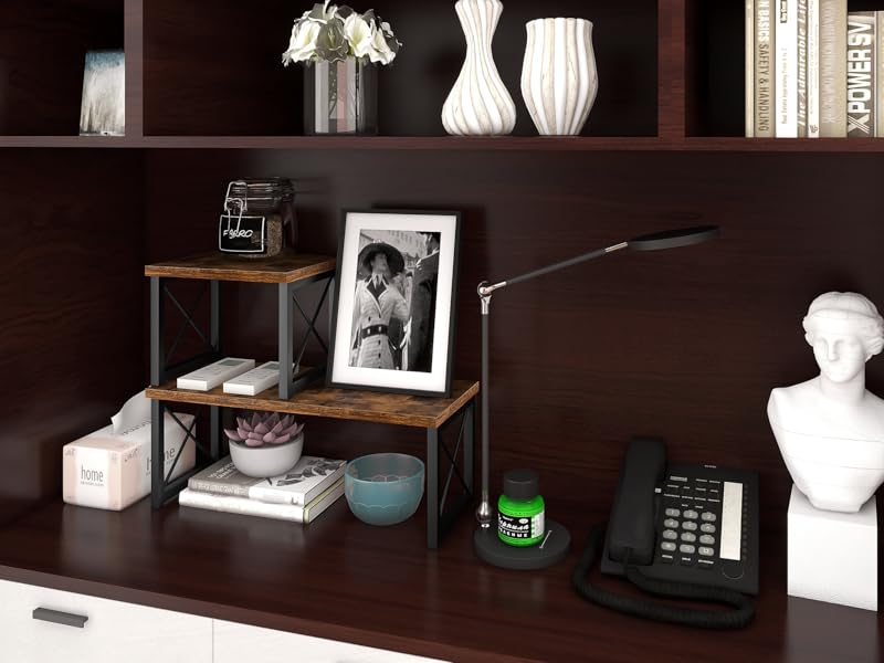 Wood Desktop Shelf 2 Tier Adjustable Matte Finish Small Bookshelf Organizer Freestanding Stackable Desk Stand Storage Bathroom detail
