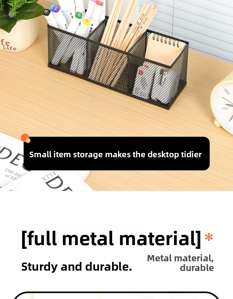 Minimalist Three-Compartment Long-Shaped Metal Pen Holder with High-Temperature Baked Enamel Coating for Office Use detail