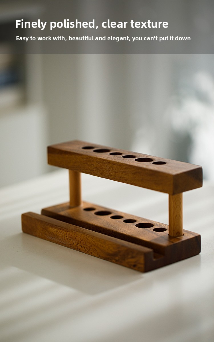 Custom Wood 2-tier Standing Pen Holder Desktop Tubular Penrack Multi-hole Phone and Pen Stationery Storage Rack for Office detail