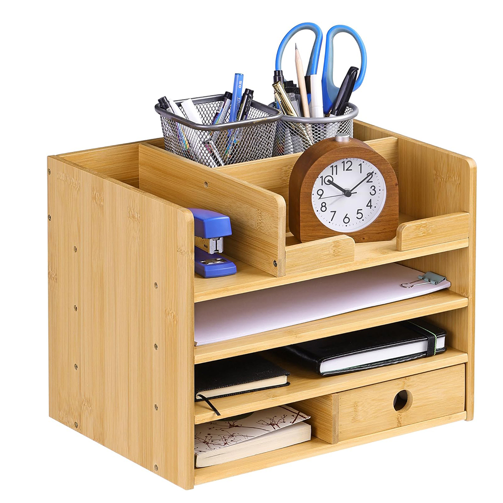 5 Compartments Rectangle Bamboo Office Organizer Desk Dispenser with Modern Design Pen Letters & Phone Holder detail