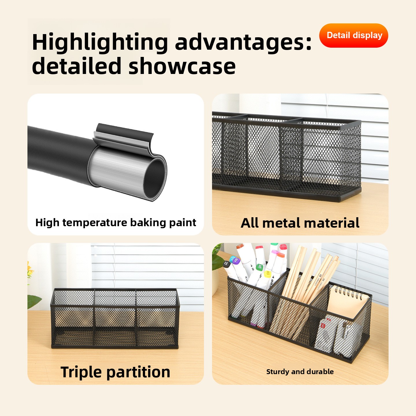 Minimalist Three-Compartment Long-Shaped Metal Pen Holder with High-Temperature Baked Enamel Coating for Office Use product view