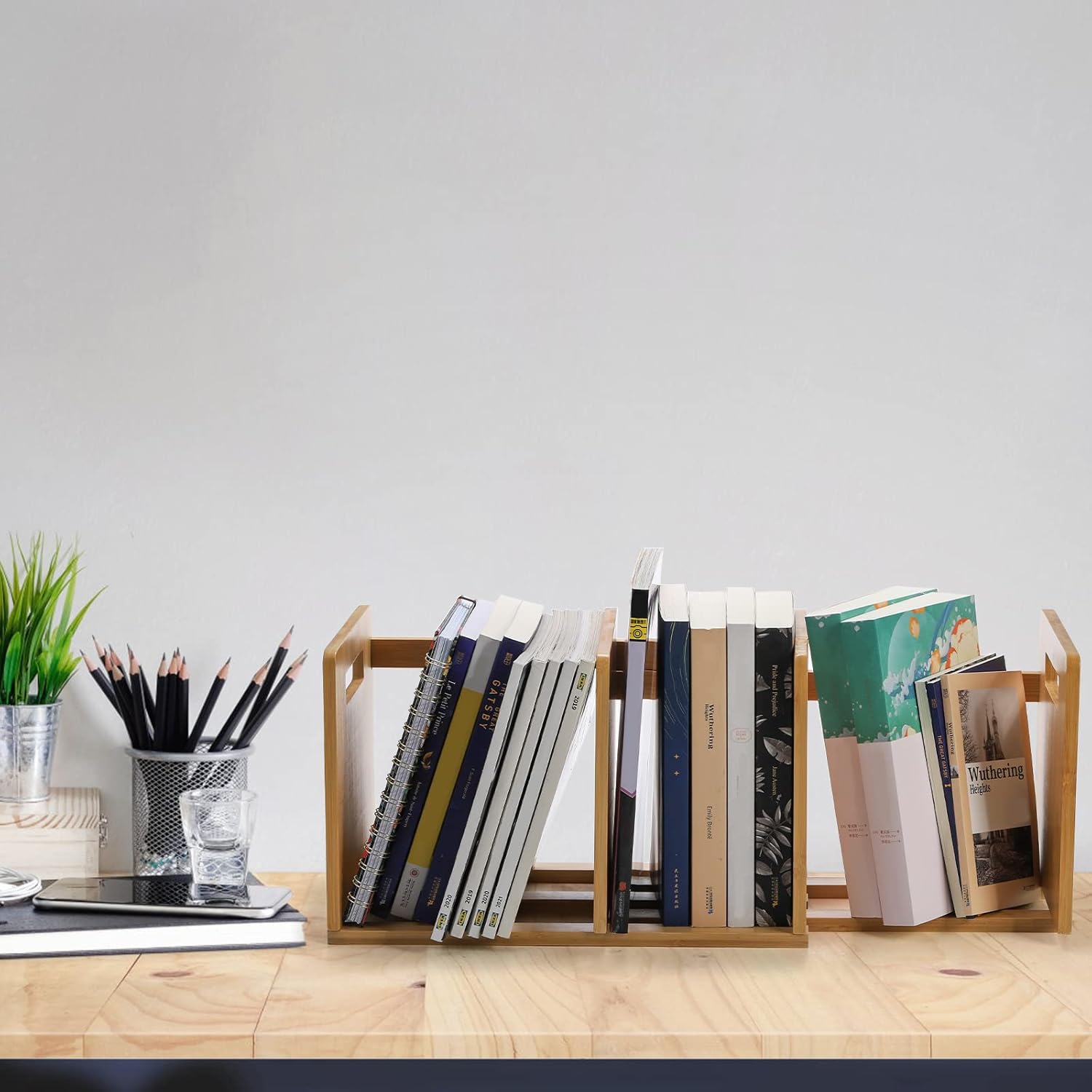 Bamboo Desktop Bookshelf Wooden Expandable Desktop Organizer Display Shelf Book Rack for Office Supplies Home Tabletop product view