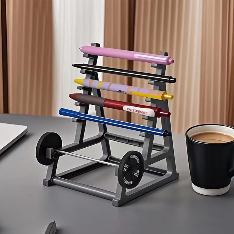 Metal Square Pen Holder with Squat Rack Mini Barbell for Creative Office Desk Stationery Storage Box 13.5x17.5x2.9 Made in China product view