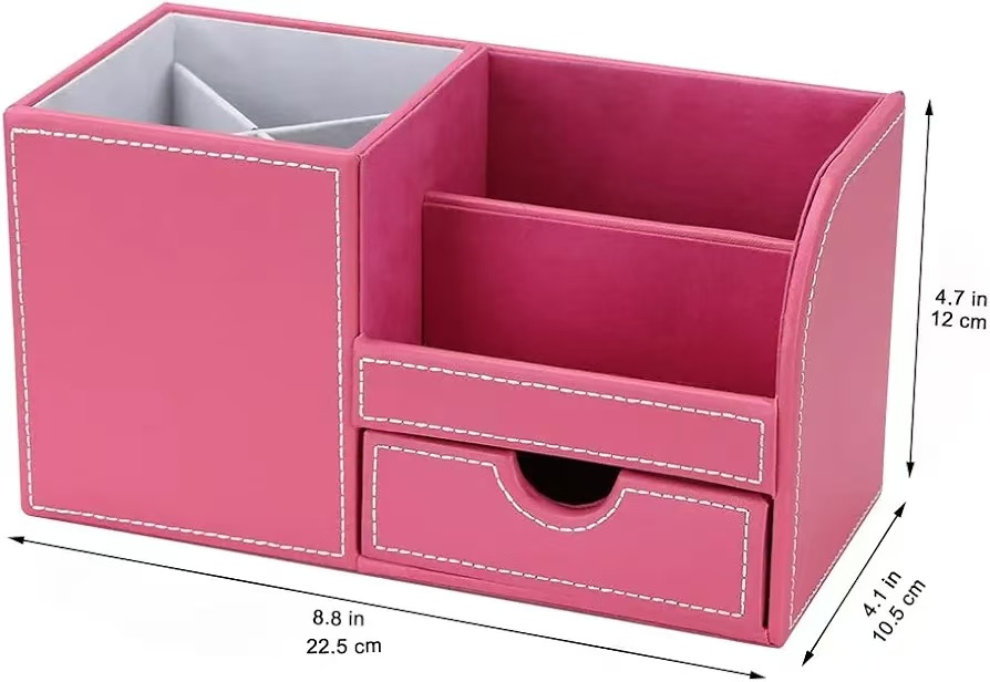 Pink High Quality PU Leather Portable Multi-function Pen Pencil Holder Desk Organizer Office Desktop Stationery Organizer detail