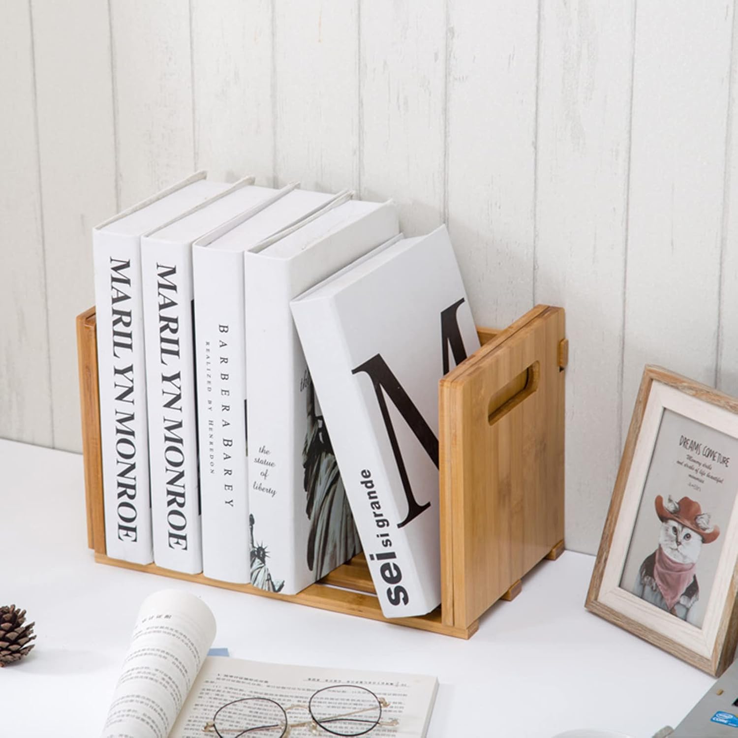 Bamboo Desktop Bookshelf Wooden Expandable Desktop Organizer Display Shelf Book Rack for Office Supplies Home Tabletop product view