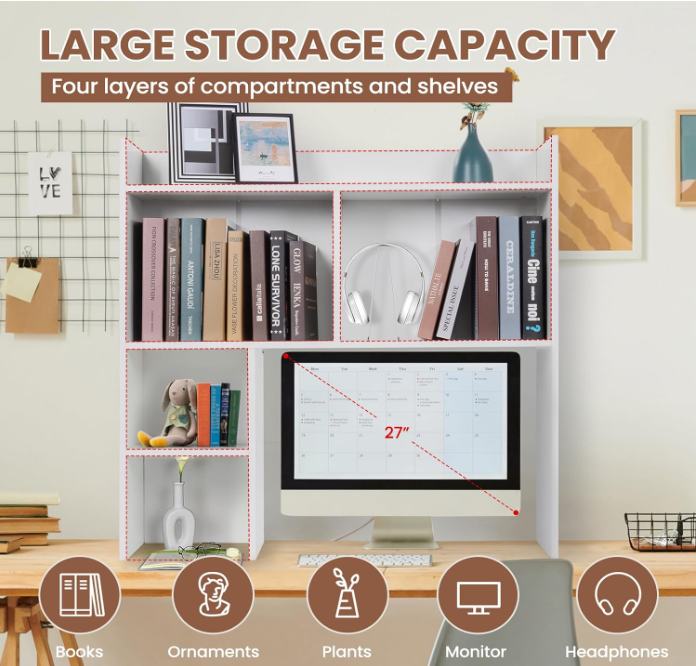 Desktop Bookshelf 36" Tall, White Desk Hutch for Computer Desk, 4-floors Wood Desk Shelf Storage Organizer for Office Home detail