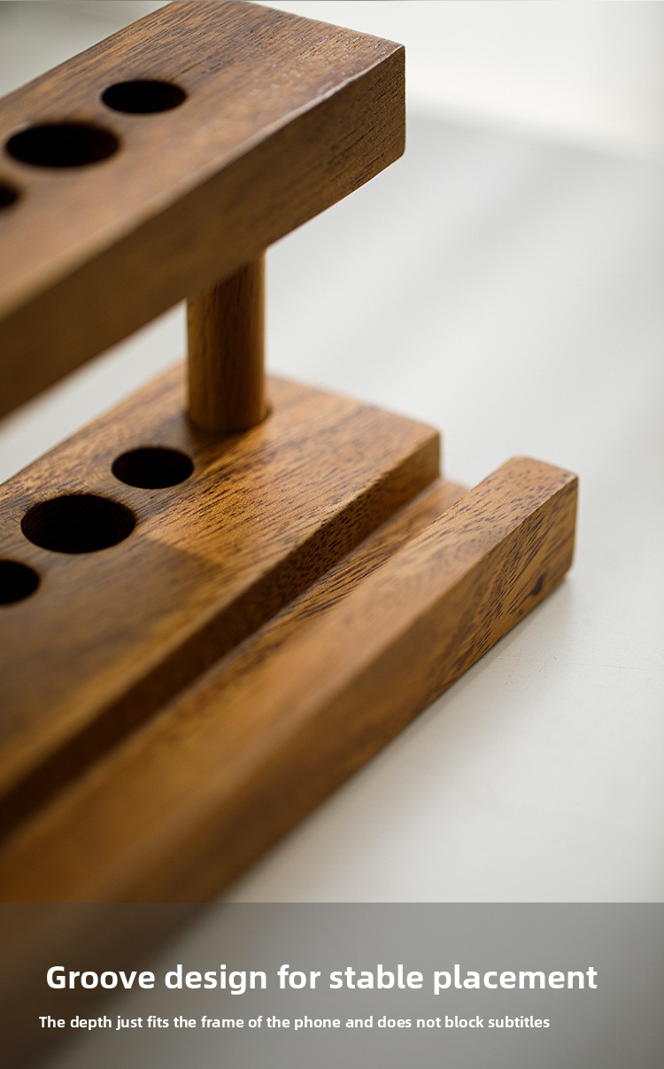 Custom Wood 2-tier Standing Pen Holder Desktop Tubular Penrack Multi-hole Phone and Pen Stationery Storage Rack for Office detail