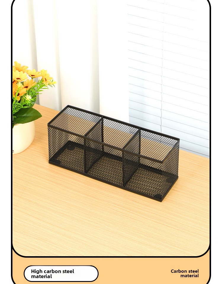 Minimalist Three-Compartment Long-Shaped Metal Pen Holder with High-Temperature Baked Enamel Coating for Office Use detail