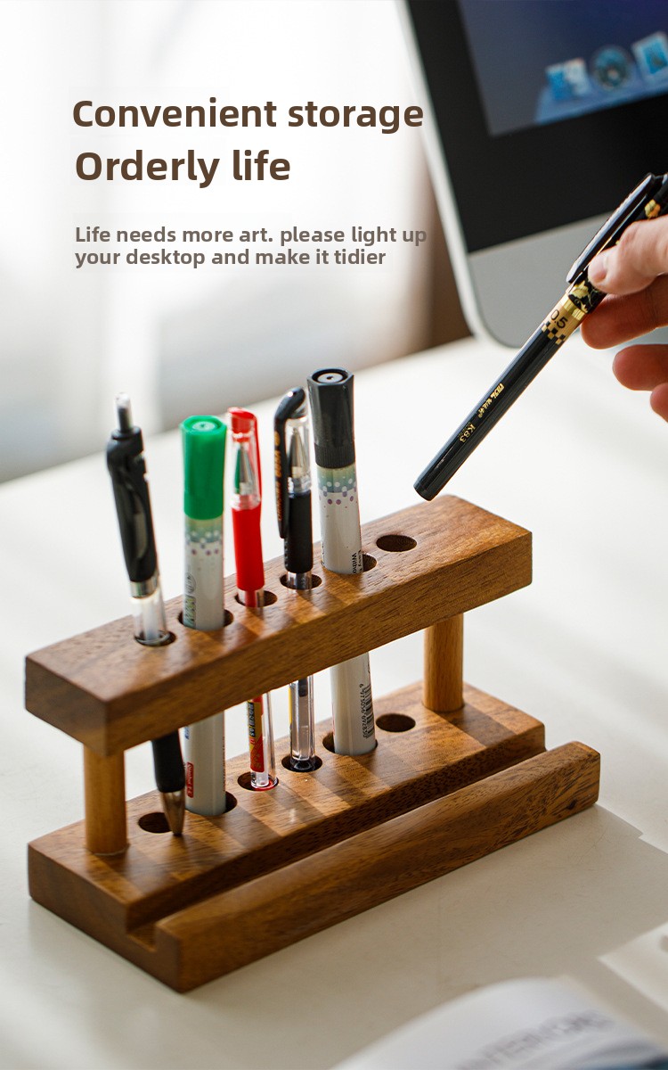 Custom Wood 2-tier Standing Pen Holder Desktop Tubular Penrack Multi-hole Phone and Pen Stationery Storage Rack for Office detail