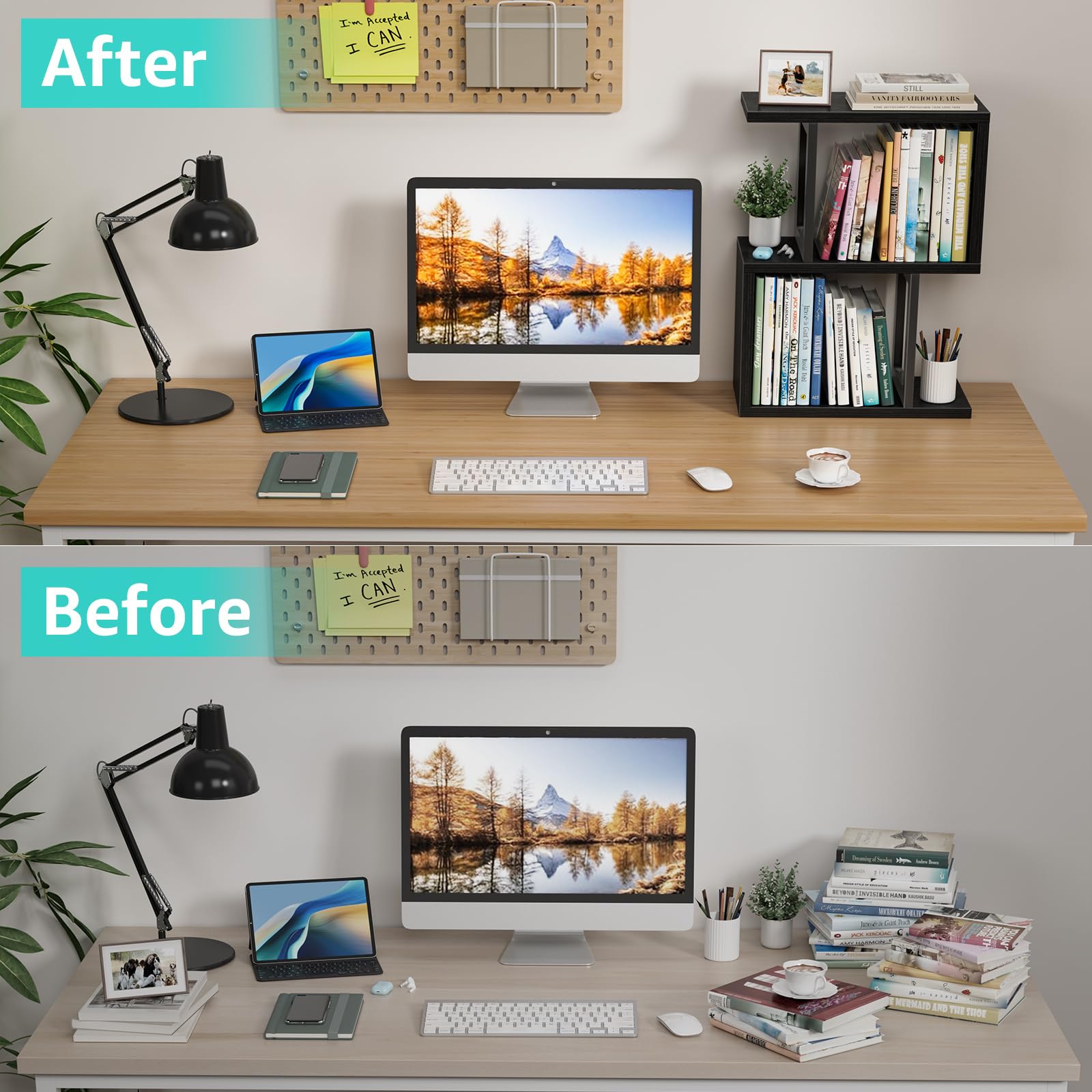 Wood 3 Tier Desk Shelf Bookcase with Storage Drawers Minimalist Tabletop Organizer for Home Office detail